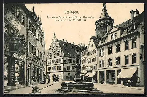 AK Kitzingen, Marktstrasse mit Kaiser`s Kaffee-Geschäft, Vierröhren-Brunnen, Rathaus und Marktturm