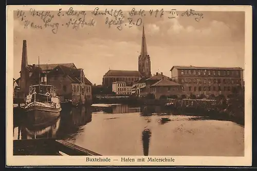 AK Buxtehude, Hafen mit Malerschule und Kirche