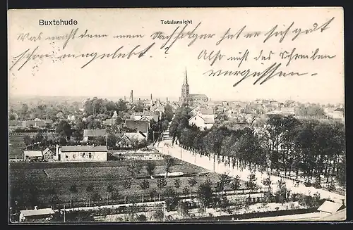 AK Buxtehude, Totalansicht mit Kirche und Strassenpartie