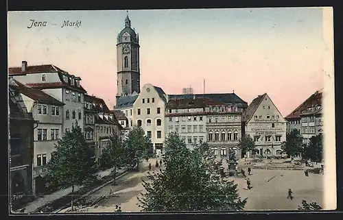 AK Jena, Markt mit Weinhandlung Paul Göhre und Denkmal