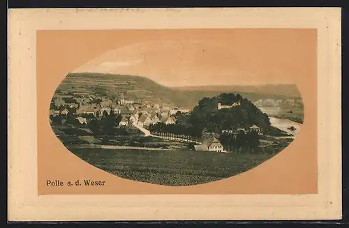 Präge-AK Polle a. d. Weser, Teilansicht, Passepartout