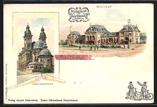 Lithographie Düsseldorf, Bahnhof, Jesuitenkirche, Reklame für Fahrräder von August Stukenbrok Einbeck