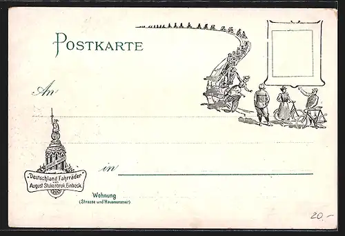 Lithographie Düsseldorf, Bahnhof, Jesuitenkirche, Reklame für Fahrräder von August Stukenbrok Einbeck