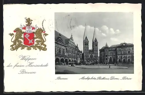 AK Bremen, Marktplatz, Rathaus, Dom und Börse, Wappen