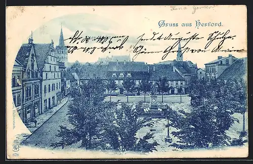 AK Herford, Blick auf den alten Markt mit Denkmal