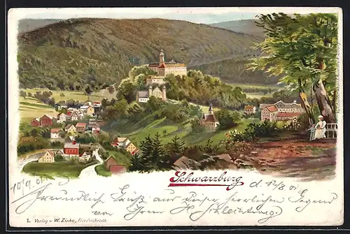 Lithographie Schwarzburg, Gesamtansicht mit Blick auf das Schloss