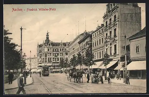 AK Aachen, Friedrich Wilhelm-Platz mit Wiener Cafe und Strassenbahn