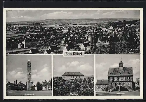 AK Bad Vilbel, Totalansicht aus der Vogelschau, Ehrenmal, Kurhaus, Rathaus