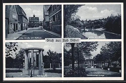 AK Bad Vilbel, Strasse und Rathaus, Nidda mit Brücke, Trinkbrunnen-Anlage