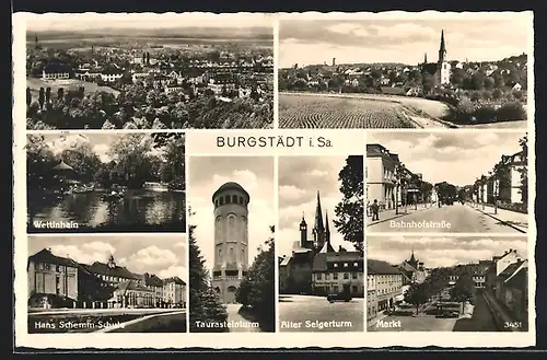 AK Burgstädt / Sa., Panorama, Bahnhofstrasse, Markt, Wettinhain & Hans Schemm-Schule