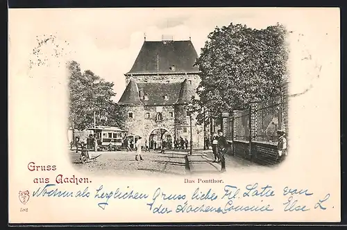 AK Aachen, Strassenbahn vor dem Pontthor