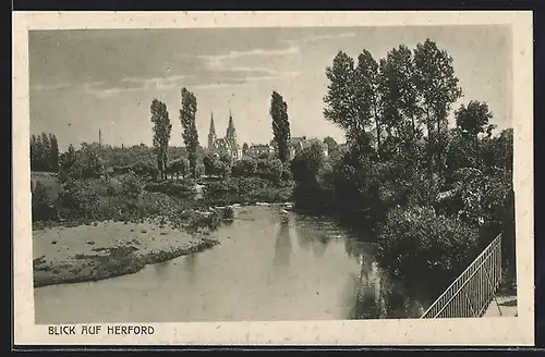 AK Herford, Uferpartie mit Blick auf Kirche