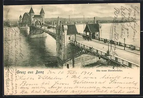 AK Bonn, Pferdekutsche auf der neuen Rheinbrücke