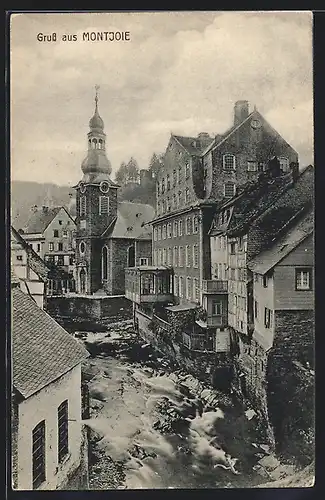AK Montjoie, Ortsansicht mit rotem Haus, evangel. Kirche, Laufenbach, Häuserfassaden