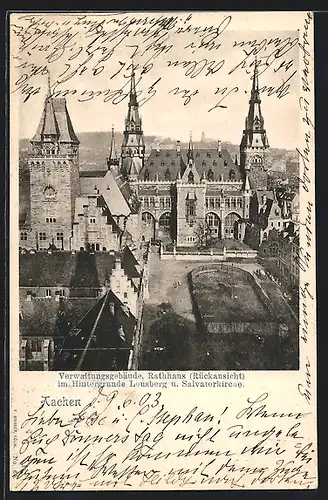 AK Aachen, Verwaltungsgebäude, Rathhaus mit Lousberg u. Salvatorkirche