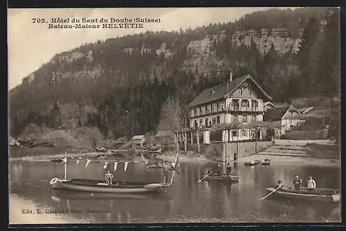 AK Saut du Doubs, Boote auf dem Wasser vor dem Hotel