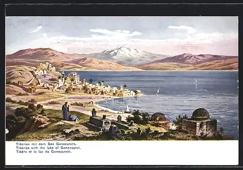 Künstler-AK Friedrich Perlberg: Tiberias, Stadtansicht mit dem See Genezareth