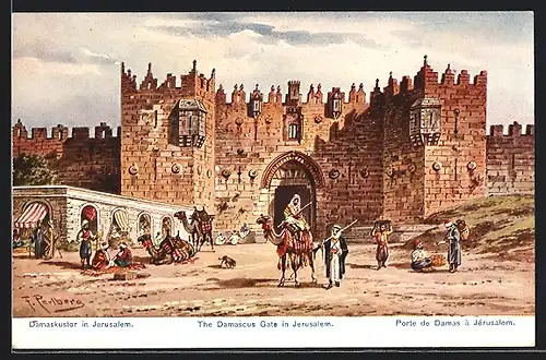 Künstler-AK F.Perlberg: Jerusalem, Damaskustor mit Turbanträgern