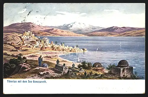 Künstler-AK F.Perlberg: Tiberias, Stadtansicht mit dem See Genezareth