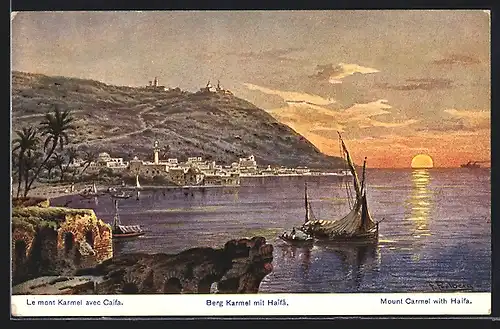 Künstler-AK F.Perlberg: Berg Karmel mit Haifa, Mount Carmel with haifa, le mont Karmel avec Caifa