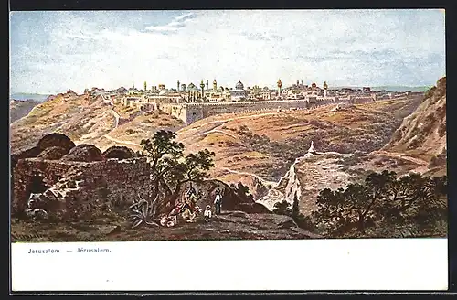 Künstler-AK Jerusalem, Panoramablick auf die Stadt