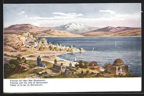 Künstler-AK Friedrich Perlberg: Tiberias, Stadtansicht mit dem See Genezareth