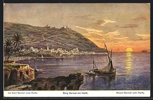 Künstler-AK F.Perlberg: Berg Karmel mit Haifa, Mount Carmel with haifa, le mont Karmel avec Caifa