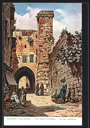 Künstler-AK Friedrich Perlberg: Jerusalem, Turm Antonia, The Tower of Antonia, La tour d`Antoine
