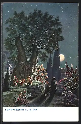 Künstler-AK Friedrich Perlberg: Jerusalem, Garten Gethsemane bei mondheller Nacht