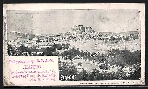 AK Athen, Blick zur Akropolis, Verlag der ersten Internationalen Ansichtskarten-Gesellschaft
