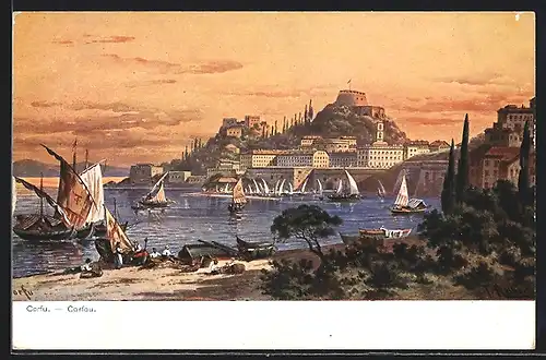 Künstler-AK F.Perlberg: Corfu, Segelboote im Hafen und Ortsansicht bei Sonnenuntergang