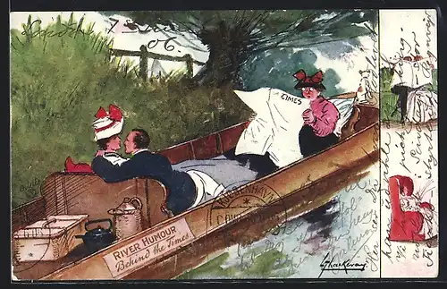Künstler-AK L. Thackeray: Liebespaar und Zeitung lesende Frau fahren Boot
