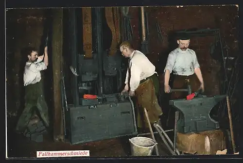 AK Fabrikarbeiter an einem Fallhammer, Serie Bergisch-Märkischer Gewerbefleiss