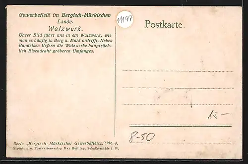 AK Fabrikarbeiter in einem Walzwerk, Serie Bergisch-Märkischer Gewerbefleiss