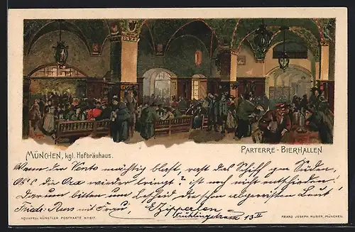 Lithographie München, Münchner Hofbräuhaus, Parterre-Bierhalle, Innenansicht