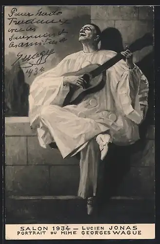 AK Salon 1934, Lucien Jonas, Melancholischer Harlekin mit Gitarre