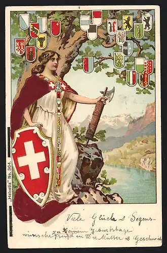Lithographie Schweiz, Frau mit Schweiz-Wappen und Baum voll Kantone-Wappen