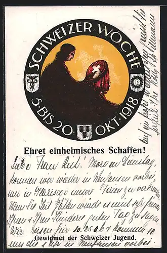AK Schweiz, Schweizer Woche 1918, Frau bei der Handarbeit