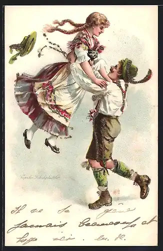 AK Pärchen tanzt gemeinsam den Tiroler Schuhplattler