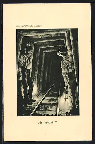 Künstler-AK Es brennt! Bergmänner mit Laterne unter Tage