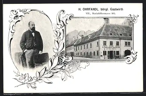 AK Wien, Blick auf das Gasthaus zur Stadt München, Mariahilferstrasse 102, Eigentümer H. Ohrfandl