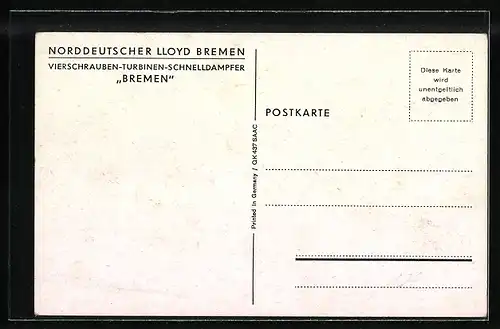 Künstler-AK Vierschrauben-Turbinen-Schnelldampfer Bremen des Norddeutschen Lloyd