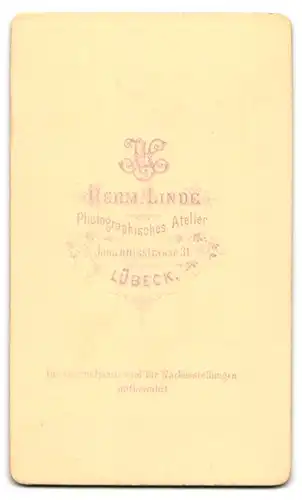 Fotografie Herm. Linde, Lübeck, junge Frau im Gründerzeitkleid mit Brosche