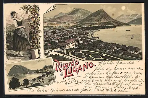 Lithographie Lugano, Stadt und Umgebung aus der Vogelschau