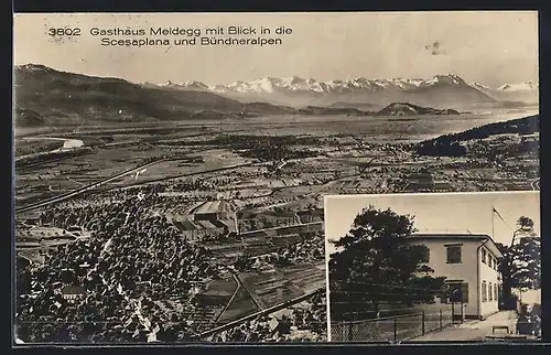 AK Walzenhausen, Gasthaus Meldegg mit Blick in die Scesaplana und Bündneralpen
