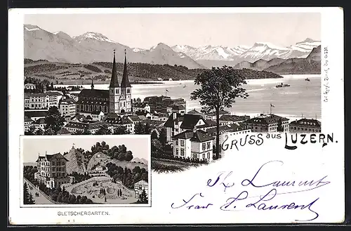 Vorläufer-Lithographie Luzern, 1895, Gletschergarten, Teilansicht mit Kirche und Seeblick