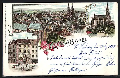 Lithographie Basel, Geschäftshaus Julius Brann, St. Elisabethenkirche, Panorama