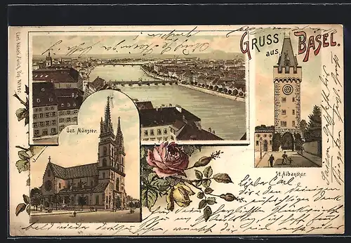 Lithographie Basel, Das Münster, St. Albanthor, Panorama