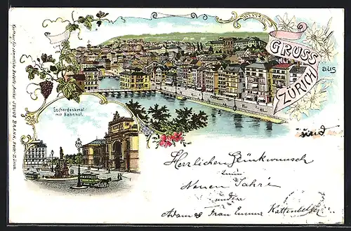 Lithographie Zürich, Escherdenkmal mit Bahnhof und Strassenbahn, Totaleansicht vom Ort aus der Vogelschau