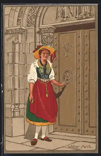 AK Schweiz, Frau in traditioneller Tracht am Eingangstor